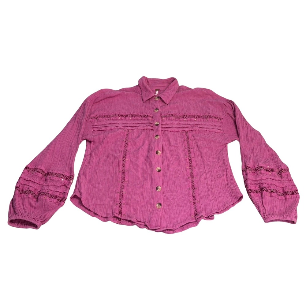 Free People Button Down Top Women S Pink Lace Sequin Gauze Blouse Long Sleeve